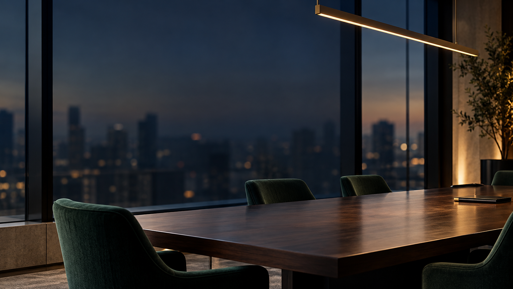 An unoccupied boardroom with a dark walnut table, evergreen chairs and warm brass lighting